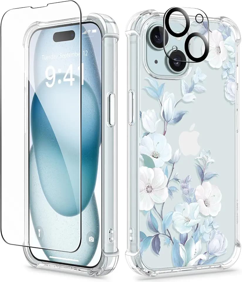 GVIEWIN for iPhone 15 Case Floral, Screen Protector & Camera Lens Protector
