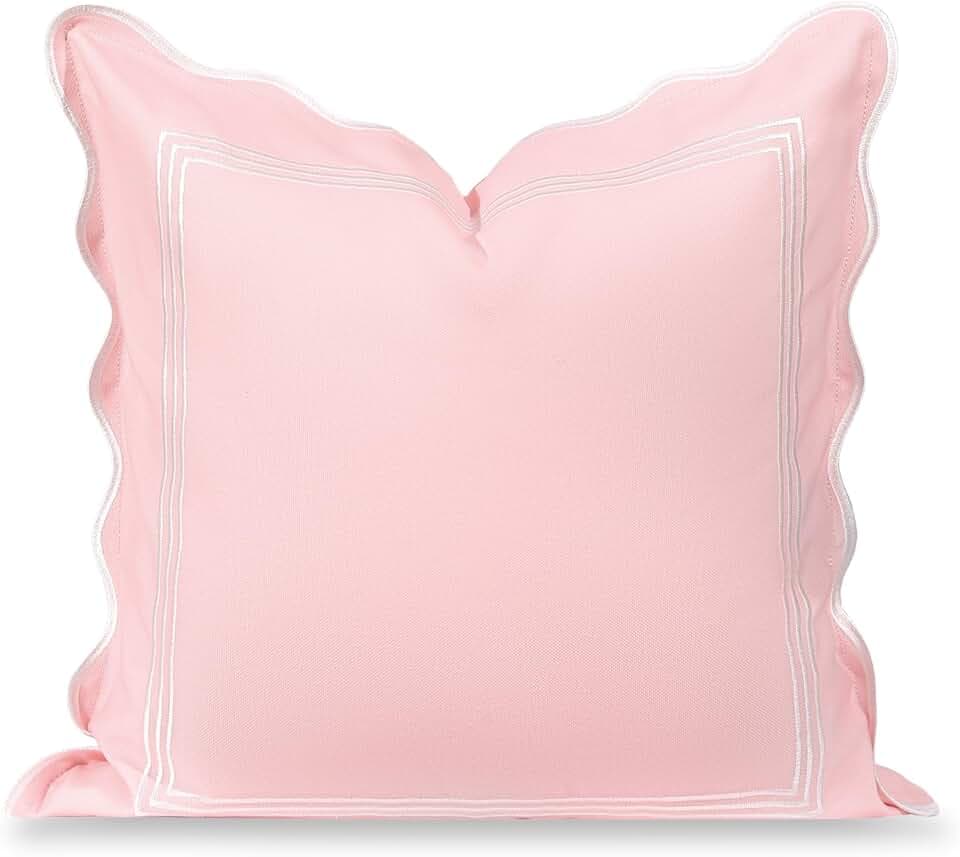 Hofdeco Premium Coastal Grandmillennial Scalloped Patio Indoor Outdoor Throw Pillow Cover Only, 20"x20" Water Repellent for Backyard, Couch, Poolside, Blush Pink Embroidered Frame