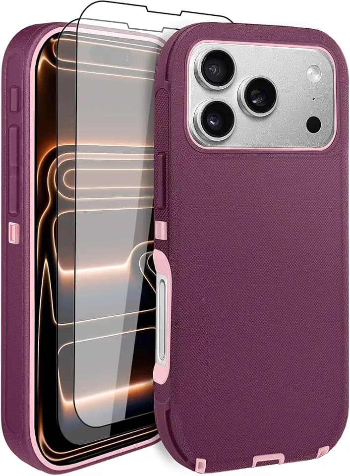 for iPhone 17 Pro Max Case with 2 Screen Protector, Full Body Heavy Duty Military Grade Cover, Shockproof Drop-Proof Phone Case 6.9" (Wine Red Pink)
