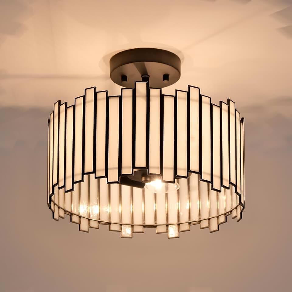 Black Ceiling Light Fixture in Drum Shape, 12.5” Modern Semi Flush Mount Tiffany Lamp with White Glass, 3-Light Round Hanging Light for Bedroom Dining Room Kitchen Entryway Living Room