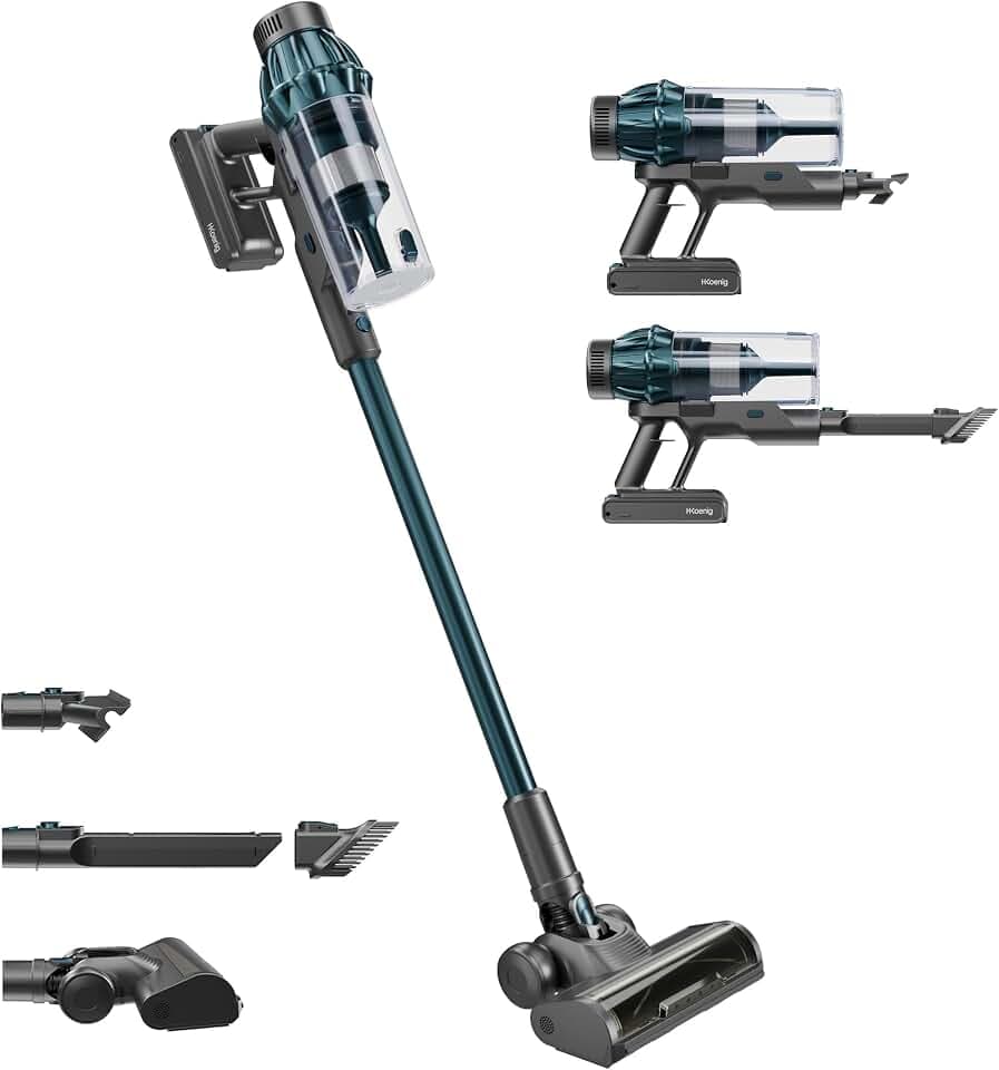 H.Koenig – Kabelloser 2-in-1 Staubsauger UPX32, bis zu 50 Minuten Laufzeit, 3 Saugstufen, 400 W Leistung, leicht und kompakt, mit 4 Zubehörteilen und LED-Bürste, Blau