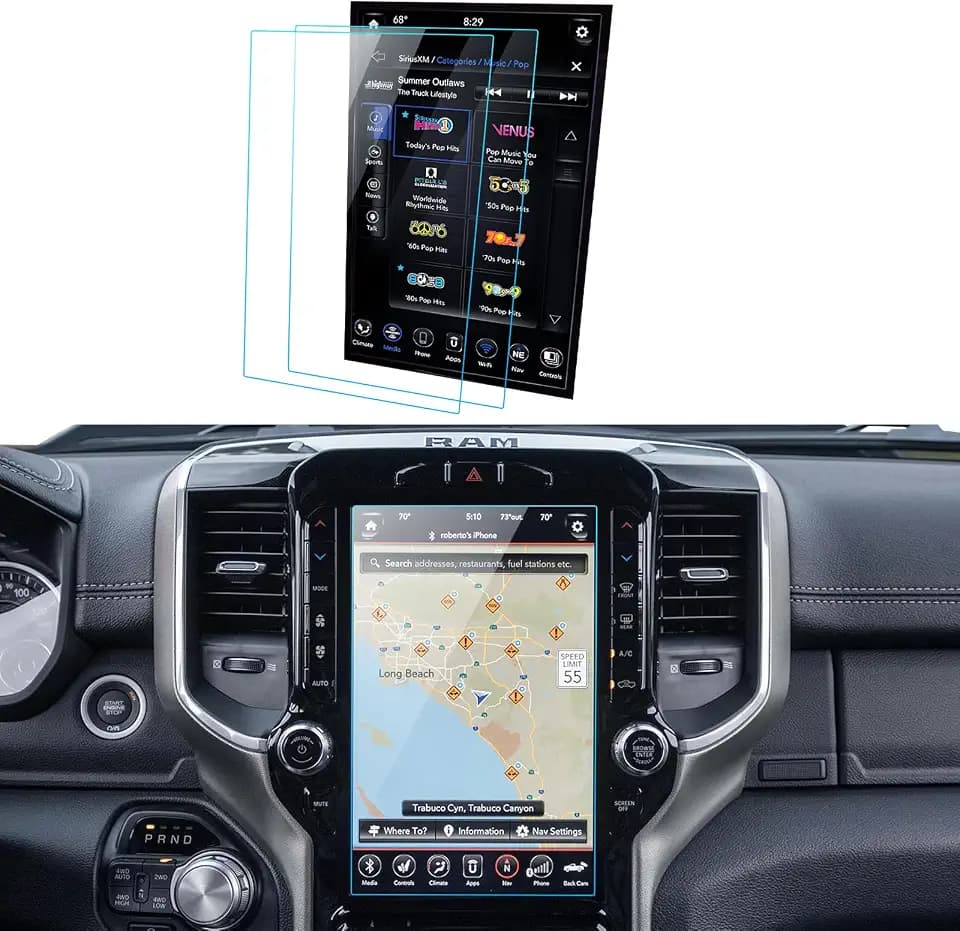 2PCS Car Screen Protector for Dodge Ram 1500 2500 3500 Uconnect Trucks Pickup 2019-2026 Accessories Navigation Touchscreen Protector Film Tempered Glass HD Clear 12''