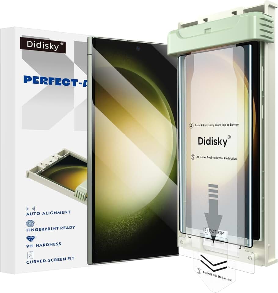 Didisky 2-Pack Tempered Glass Screen Protector for Samsung Galaxy S23 Ultra, Supports Ultrasonic Fingerprint, with Easy Installation Frame, 3D Curved Full Coverage,9H Hardness, Case Friendly, HD Clear