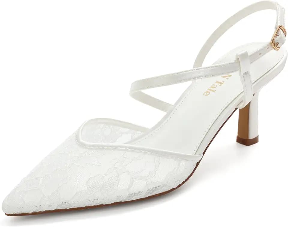 Shoe'N Tale Womens Pearl Kitten Heels Stiletto Pumps Closed Pointed Toe Ankle Strap Satin Dress Wedding Bride Shoes