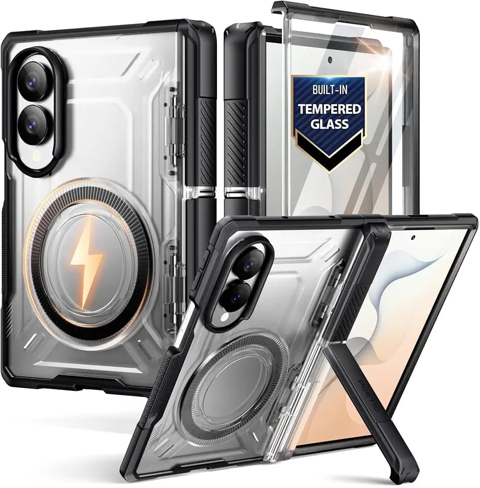 Poetic for Samsung Galaxy Z Fold 8 Case, [Hinge Protection] [MagSafe Compatible] [Tempered Glass Screen Protector] Full-Body Rugged Shockproof Protective Phone Cover with Kickstand, Black/Clear