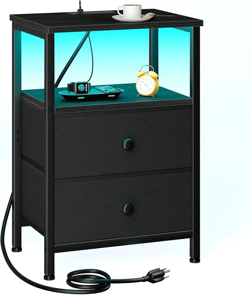 LOAKEKEL Night Stand, LED Black Nightstand with Charging Station