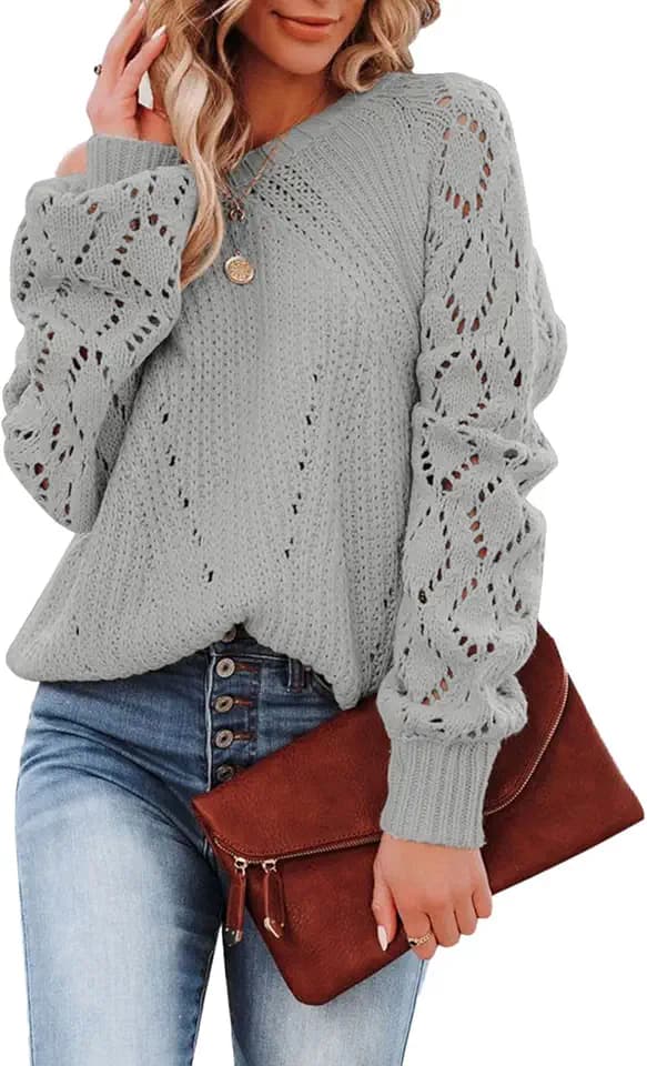 Dokotoo Damen Strickpullover Elegant Rundhals Pullover Langarm Grobstrick Pulli Herbst Winter Einfarbig Oberteile Tops S-XXL