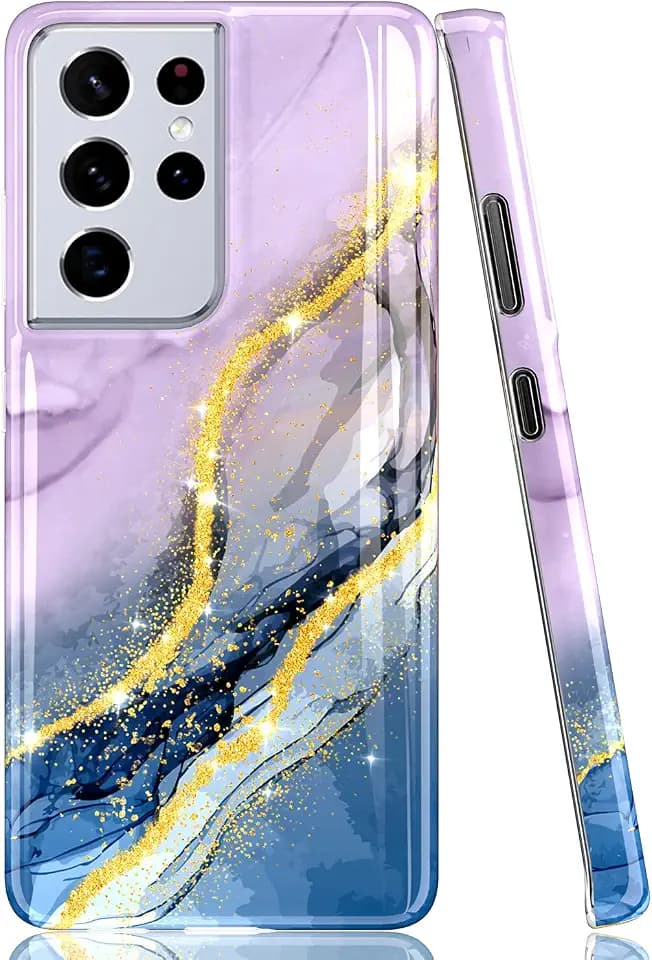BAISRKE Galaxy S21 Ultra Case, Gold Sparkle Glitter Marble Brilliant Cute Design Shockproof Soft Silicone Rubber TPU Bumper Cover Skin Phone Case for Samsung Galaxy S21 Ultra 5G - Phantom Violet