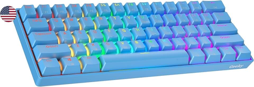 Geeky GK61 60% | Hot Swappable Mechanical Gaming Keyboard | 61 Keys Multi Color RGB LED Backlit for PC/Mac Gamer | ANSI US American Layout (Blue, Mechanical Speed Silver)