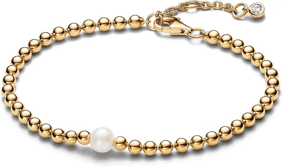Pandora Timeless Perlen-Armband, 14-karätig vergoldet, mit weißer, behandelter Süßwasserzuchtperle und klarem Cubic Zirkonia