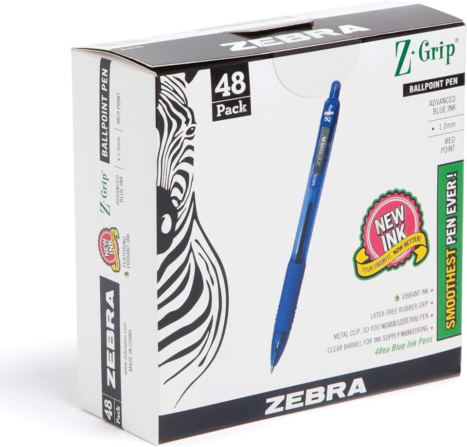 Zebra Pen Z-Grip Retractable Ballpoint Pen, Blue Ink, 1.0mm, 48 Bulk-Pack