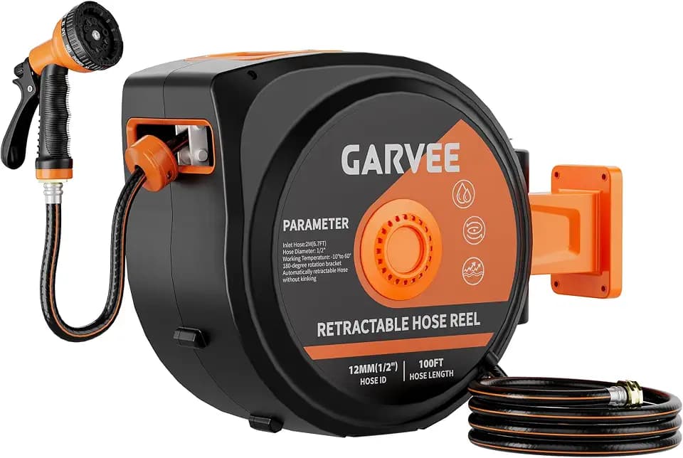 Garvee Retractable Garden Hose Reel, 1/2 Inch x 100 ft Wall Mounted Heavy Duty Garden Hose Reel with 10 Patterns Nozzle, Any Length Lock, Upgraded Slow Return System and 180°Swivel Bracket