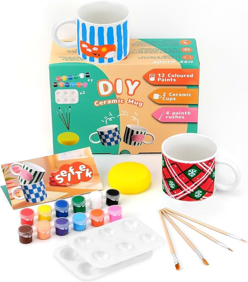 SelfTek DIY Keramik Bemalen Set - Tassen zum Bemalen Kreativ Set für Erwachsene mit 2 Tassen, 12 Farben, 4 Pinsel, 2 Palette, Malinspirationen, Geschenk für Freund Familie Lieber