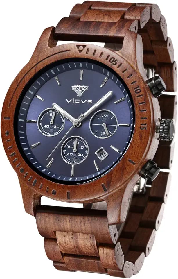 Armbanduhr aus Holz, 100% natürliches Holz, Japanisches Quarzuhrwerk mit Datumsanzeige, Chronographenfunktion