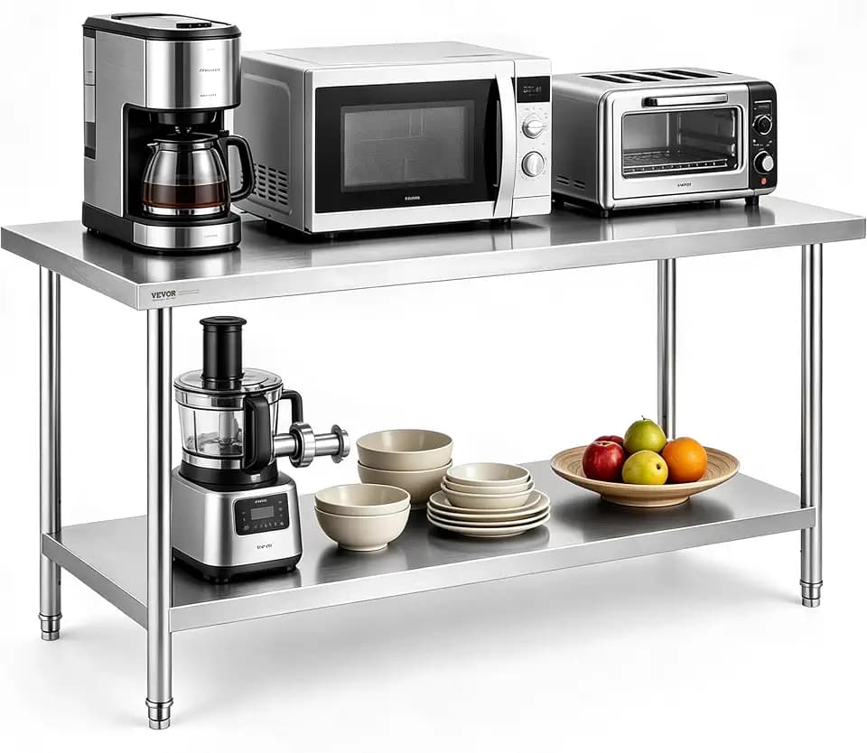VEVOR Stainless Steel Prep Table, 30 x 72 x 34 Inch, 920 lbs Load Capacity, Heavy Duty Metal Worktable with 3 Adjustable Height Levels, Commercial Workstation for Kitchen Garage Restaurant Backyard