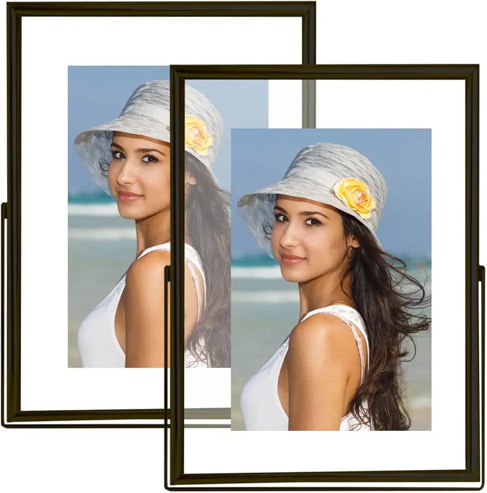 4x6 Floating Picture Frames Set of 2, Made of Metal and Double Real Glass, for Photo Size up to 6x8, Tabletop Display Home or Wedding Decoration (Vertical Black)