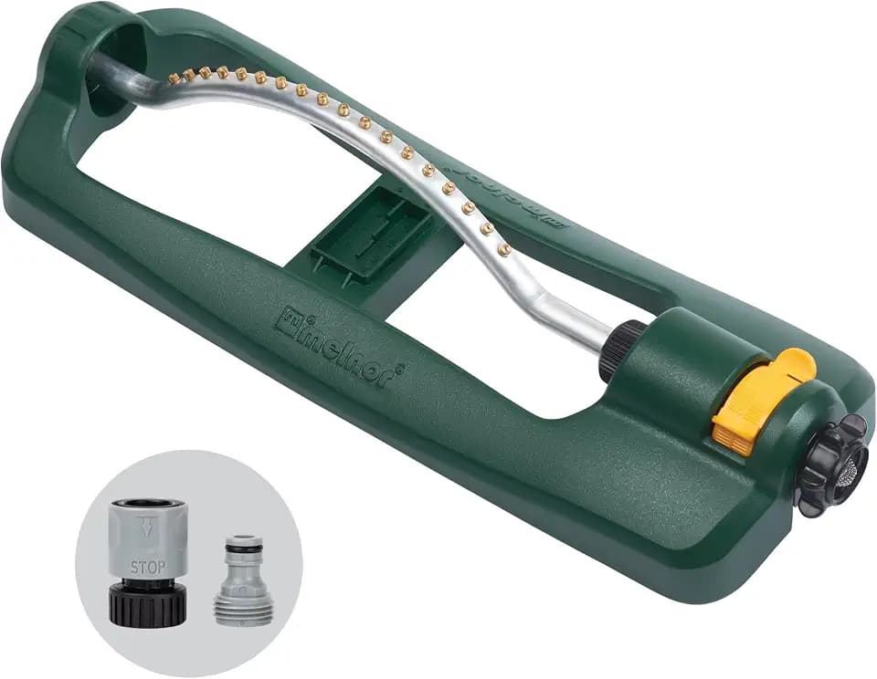Melnor 65132AMZ Turbo Oscillating Sprinkler with Watering Gauge, Covers Up to 3,600 Sq. Ft., 18 Brass Nozzles, Adjustable Watering Range, Quick Connect Bundle, Green, Yellow
