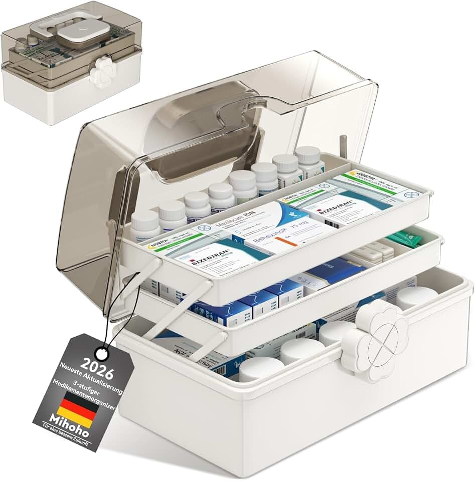 Mihoho 3-stöckige Medizinbox, 3-Regal Hausapotheke, Medikamenten Aufbewahrungsbox, Erste-Hilfe-Box, Medizinkoffer, Sortierbox für Haarschmuck und Kosmetik (weiß)