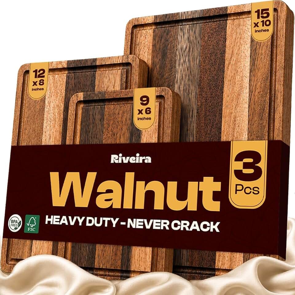 Riviera Walnut Cutting Board Set of 3 - Butcher Block Style Wooden Chopping Boards for Kitchen - Premium Walnut Wood Charcuterie Boards with Juice Groove - Durable Serving & Food Prep Board Set