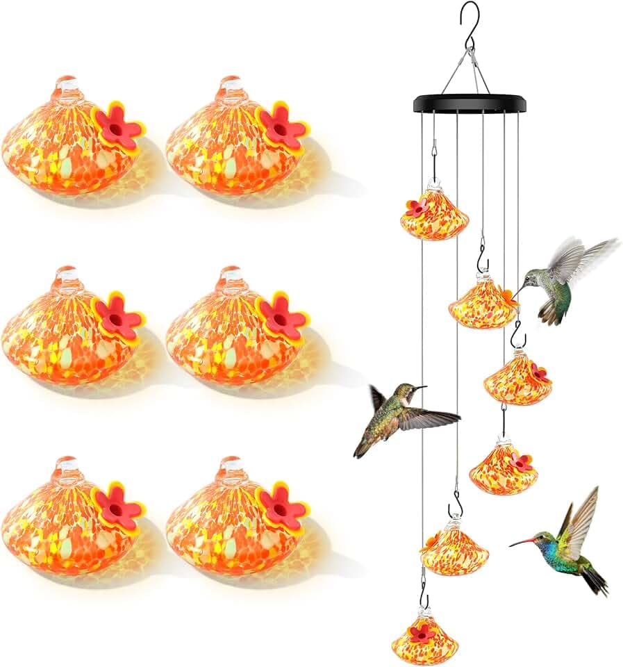 Wind Chime Glass Hummingbird Feeder - 20 Oz Outdoor Hanging Feeder with 6 Ports, Attract More Hummingbirds, Leak-Proof Design, Unique Garden Backyard Decor & Ideal Gift (Orange)