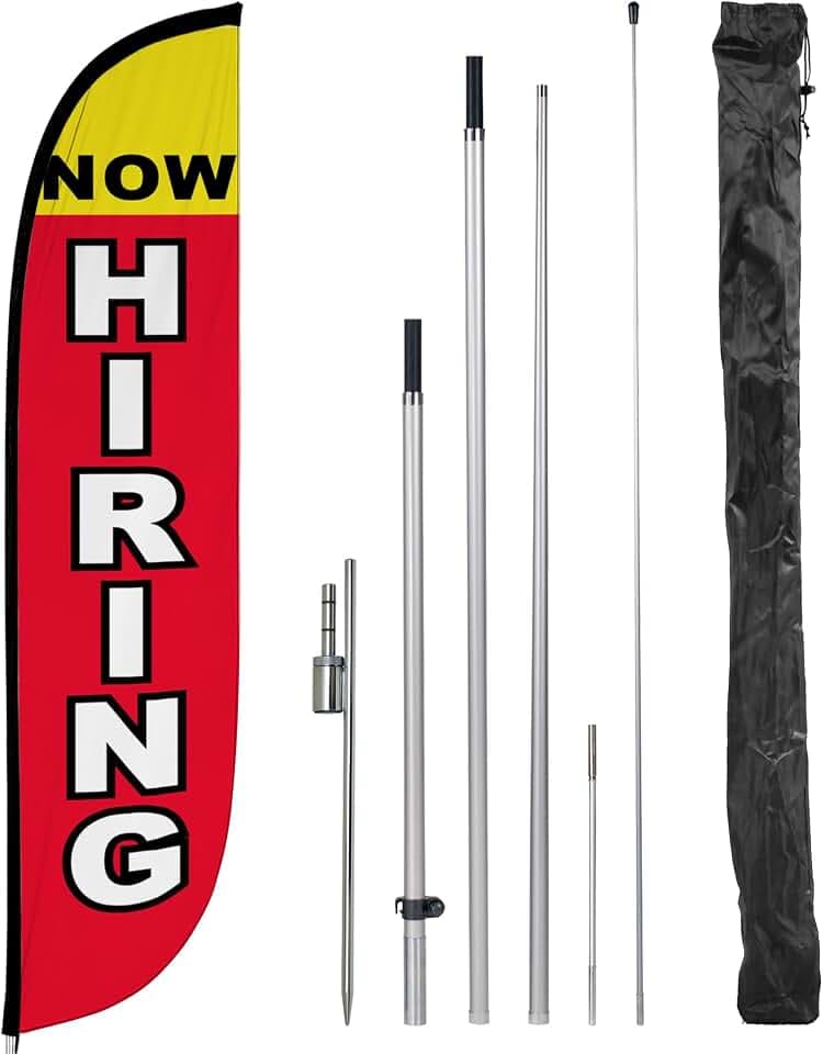 LookOurWay Feather Flag Set, 12 ft Advertising Flag with Poles and Ground Spike for Business Promotion, Now Hiring (10M1200298GSet)