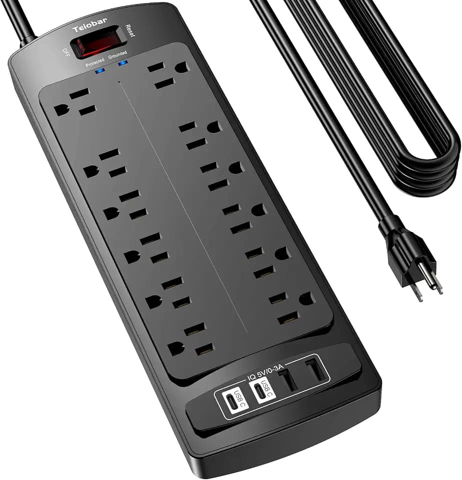 20 Ft Extension Cord Power Strip, Teiobar Surge Protector with 12 AC Outlets and 4 USB Ports for Home, Office, Dorm Essentials, 2700 Joules, ETL Listed, Black
