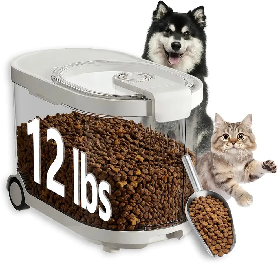 Airtight Dog Food Storage Container with Desiccant Chamber,Cat Food Storage with Timer,Wheels & Scoop,7 Liter,10-12 lbs/7 kg,for Small Dog,Cat & Bird Feed,Clear BPA-Free Slim Rolling Bin with Lid