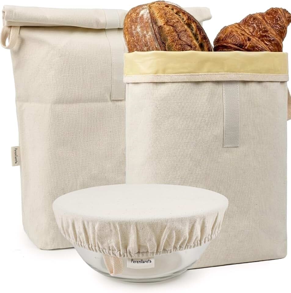 2 Pack Plain Cloth Bees Wax Lined Bread Bags 16.5x12.5" & Cotton Bowl Cover