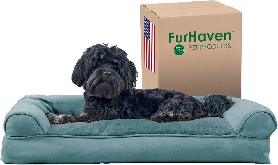 Furhaven Pillow Dog Bed for Medium/Small Dogs w/ Removable Bolsters & Washable Cover - Plush & Suede Sofa - Deep Pool, Medium