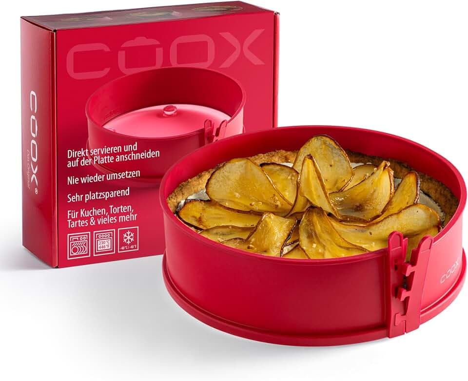 coox Springform mit Glas-Servierplatte & Glasfüßen Ø 26 cm- Backen & Servieren in Einem I Antihaft-Silikon I Spülmaschinenfest I Kein Umsetzen I BPA-frei Rot