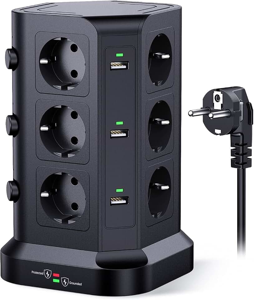 KOOSLA 12 Fach Steckdosenleiste (4000W/16A), 6 USB Mehrfachsteckdose mit Überspannungsschutz, einzeln schaltbarer Steckdosenturm für Büro Küche Tisch,2M Kabel, Schwarz