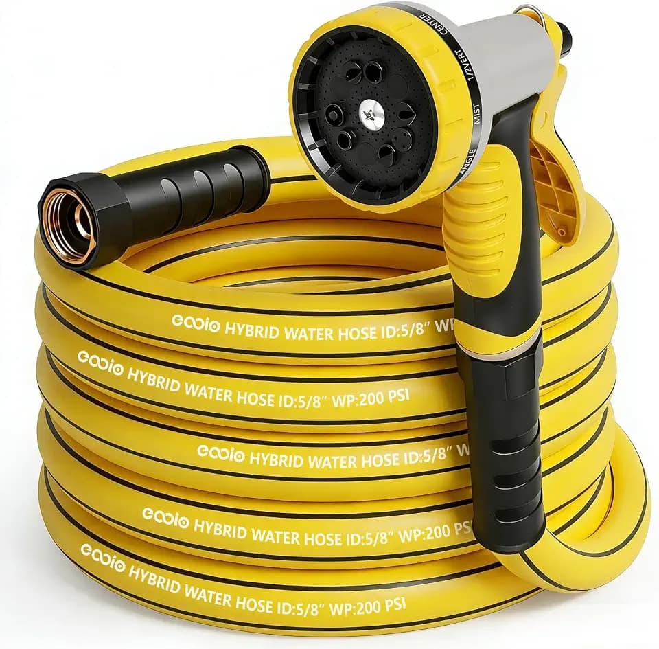 Garden Hose 25 ft x 5/8" with Nozzle, Water Hose Heavy Duty Flexible, Lightweight Kink-less Hybrid Hose with Swivel Handle, Male to Female Fittings (Yellow, 25FT)