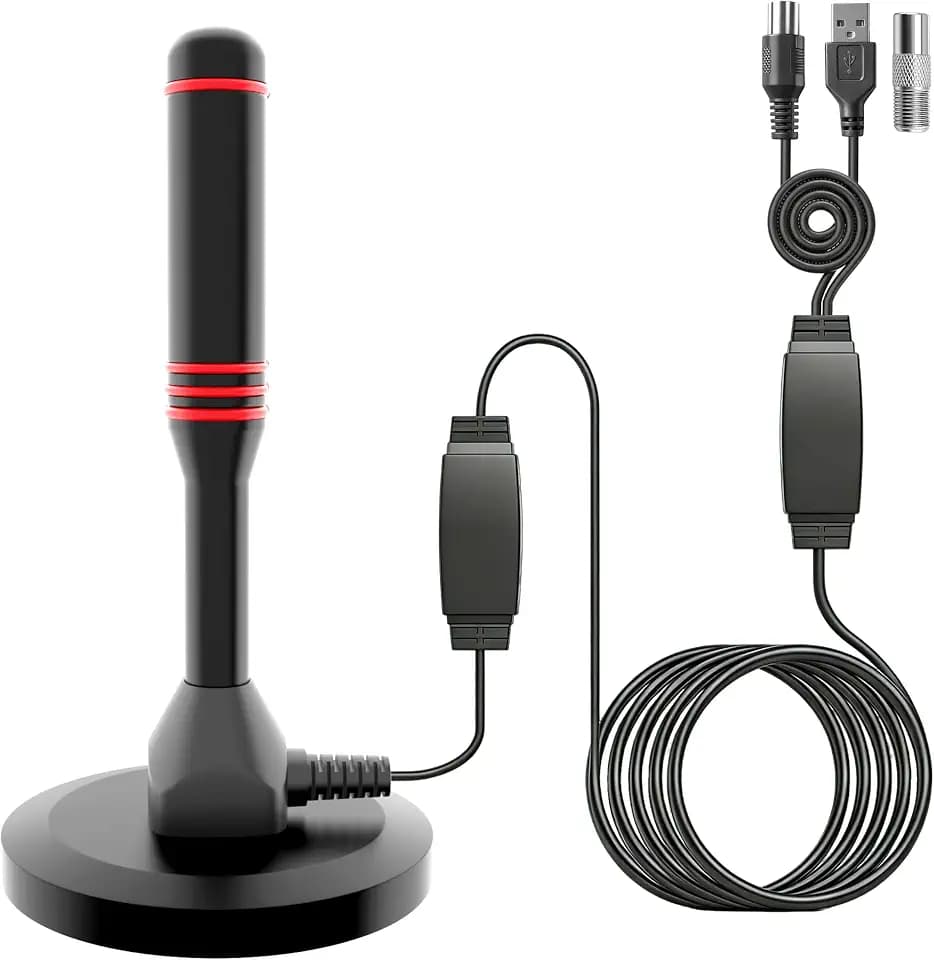 DVB-T/DVB-T2 Antenne mit Verstärker - HDTV Zimmerantenne für Fernseher, Großer Reichweite und 360° Empfang, Mit Magnetfuß - 5 Meter Kabel, Unterstützt 4K HD-Kanäle & Alle TV-Geräte