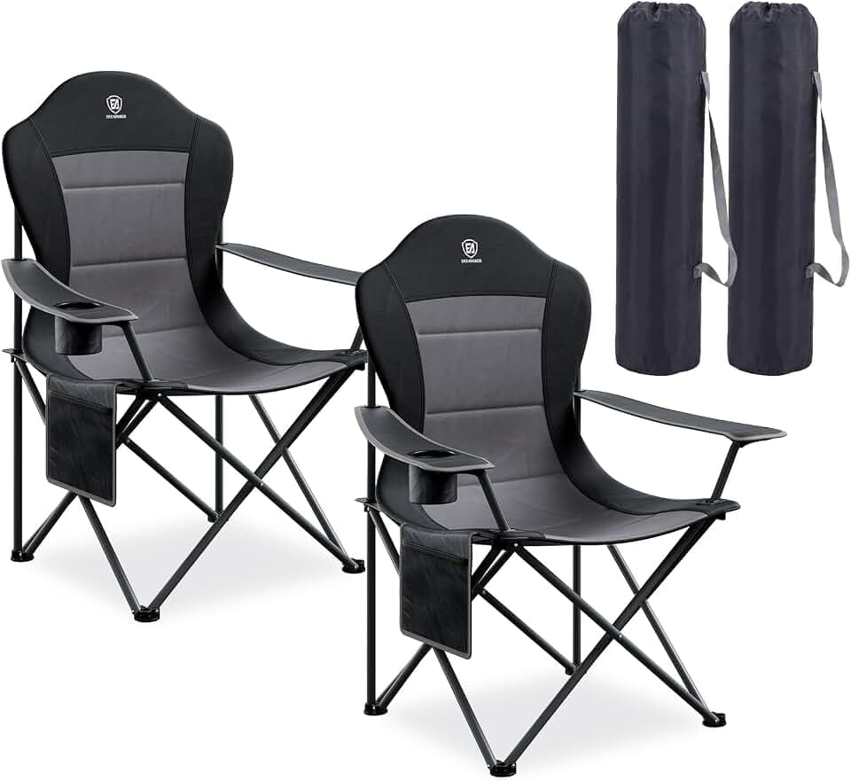 EVER ADVANCED Folding Camping Chair with High Back Padded 2 Pack Oversized Portable Lawn Chairs Lightweight Sturdy Steel Foldable Outdoor Camp Chair for Adults, Black