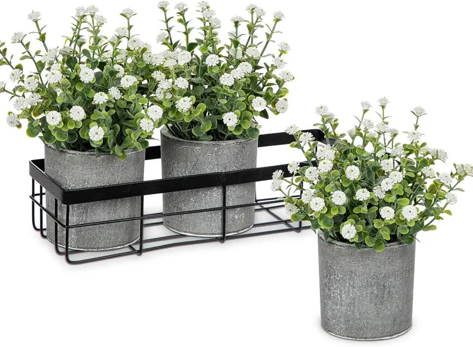 Briful 3er Set Künstliche Schleierkraut im Topf mit Metallkorb Kunstblumen Wie Echt Gypsophila Dekoblumen für Home Fenster Badzimmer Dekoration