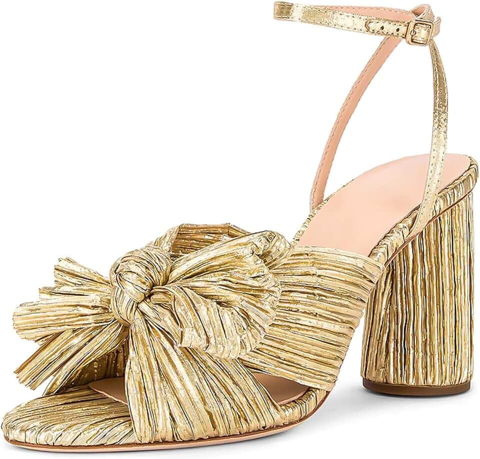 MICIFA Women's Gold Bow Heels Sandals Bride Wedding Block Chunky Heels Ankle Strap Shoes Bow Knot