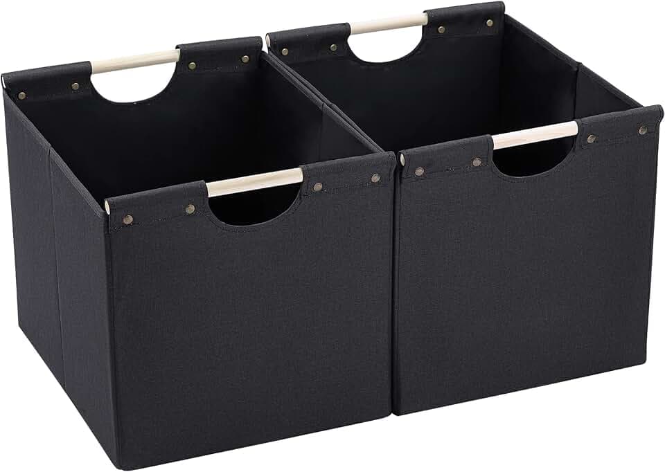 HOONEX Large Collapsible Storage Bins, Linen Fabric, Pack of 2, Storage Baskets with Wooden Carry Handles and Sturdy Heavy Cardboard, for Home, Office, Car, Nursery, Black