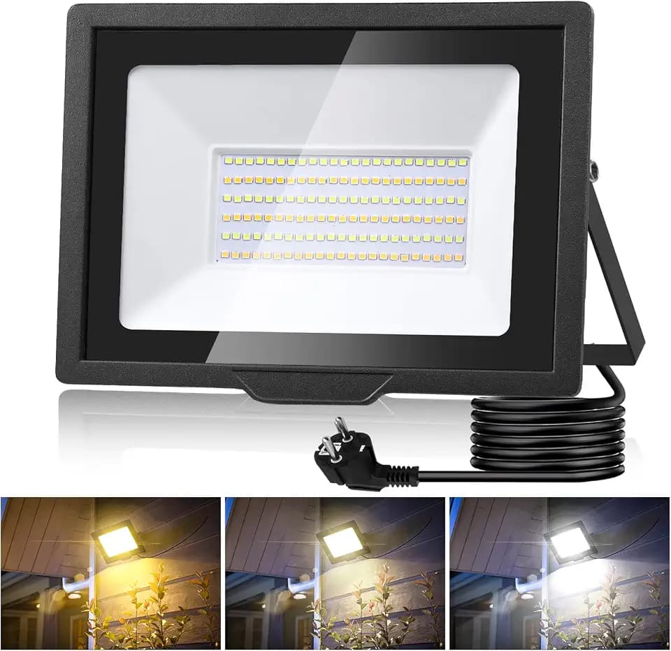 LED Strahler Außen Mit Stecker - 100W 3000K/4500K/6500K, 10000LM Superhell Fluter, IP65 Wasserdicht Scheinwerfer für Hof, Garten, Sportplatz