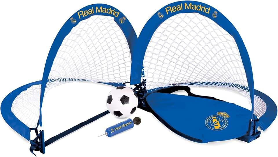 Hy-Pro Offiziell lizenziertes Real Madrid CF Skills Tor-Set – 2 x Skill Fußballtor, 10,2 cm Gummiball, Pumpe, Tragetasche, Heringe, Mini-Tor, verbessert Fußballfähigkeiten, Fußball-Trainingsgeräte