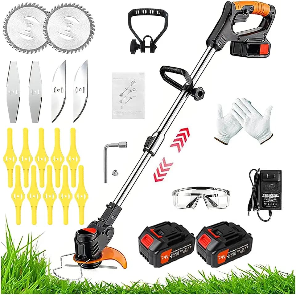 Weed Wacker, String Trimmers 24V Lawn Trimmer Grass Edger with Two 2.0Ah Li-Ion Battery Powered & 3 Cutting Blade Types Compact Power Tool for Lawn Yard Work