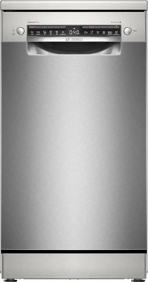 Bosch SPS4HMI49E Serie 4 Freistehender Geschirrspüler 45 cm, Besteckschublade, Extra Trocknen, DuoPower für gründliche Reinigung, AquaStop, Home Connect, Gebürsteter Stahl, AntiFingerprint