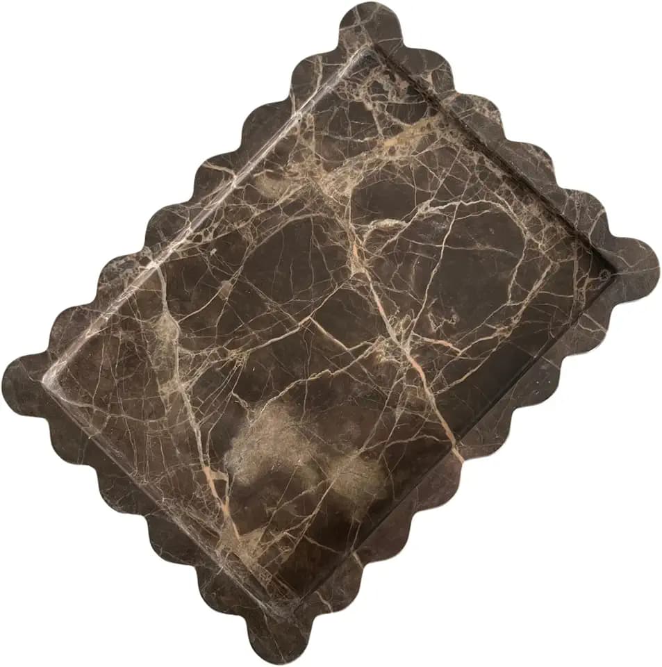 Natural Scalloped Marble Tray 10.7"x7.87",Rectangle Tray for Bathroom Kitchen Counter, Decorative Tray for Dresser (Coffee Net)