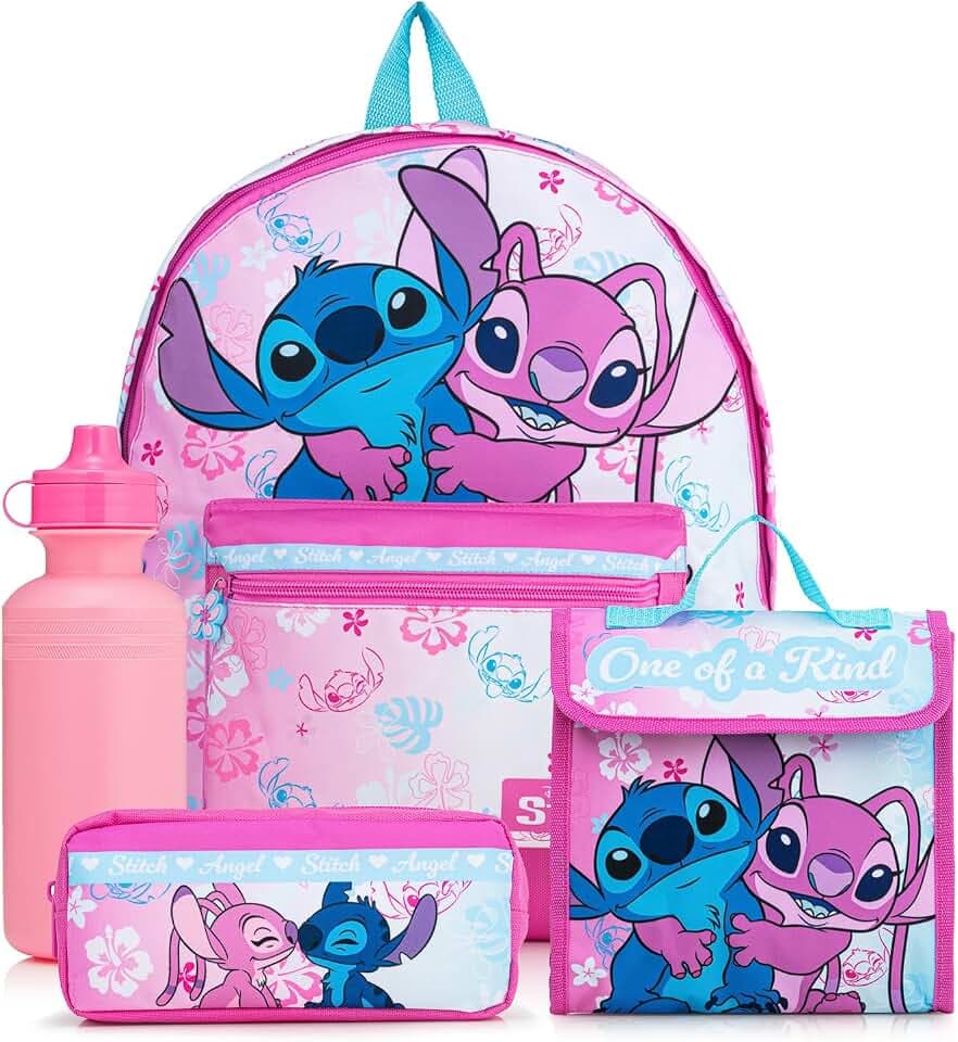 Disney Lilo & Stitch Kinderrucksack, 4-teiliges Schulset, Rucksack, Lunchbox, Federmäppchen und Wasserflasche, Schulanfang, rose, Schulranzen-Set