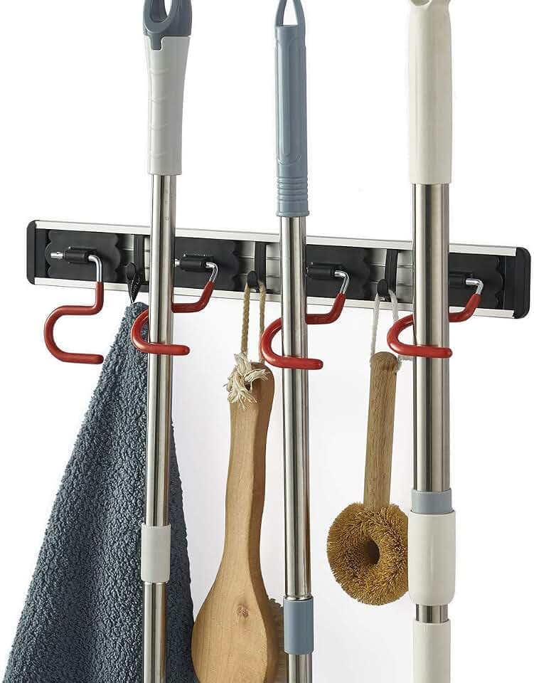 Wall Mounted Mop and Broom Holder Stainless Steel S Type Broom Rack Anti-Slip Mop Organizer (17 Inches,4 Positions 3 Hooks, Red black)