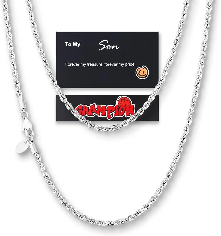 KRKC&CO Rope Chain Necklace for Men, 18K / White Gold Plated Chains, 3mm