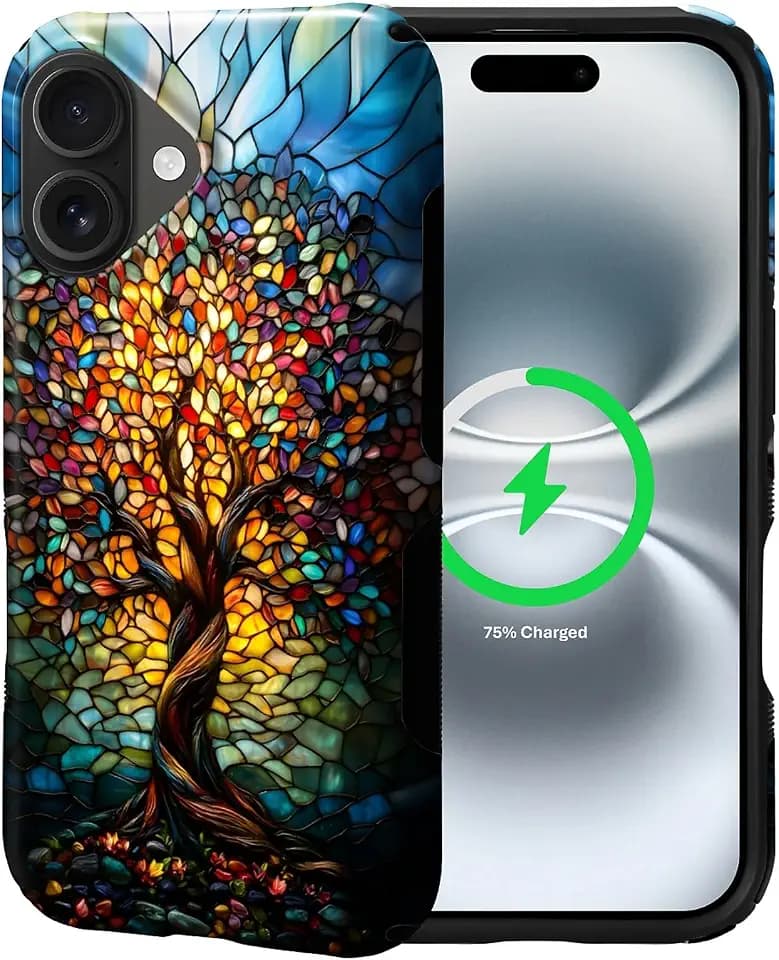 Magnetic for iPhone 16 Case,[Compatible with Magsafe] Upgrade Dual Layer Protective Heavy Duty Shockproof Rugged Drop Protection Bumper Hybrid Case - Tree of Life Stained Glass