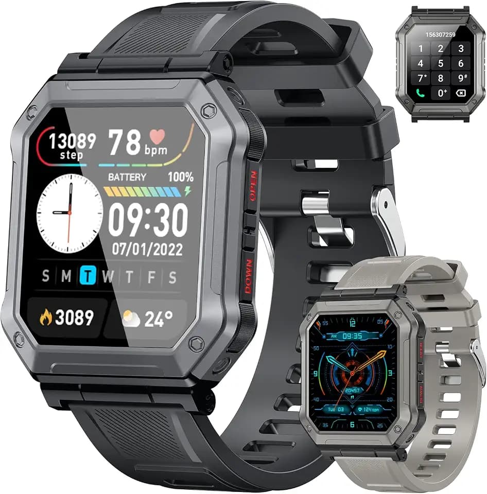 Smart Watch for Men Fitness Tracker: Military Digital Mens Watches Bluetooth Make Answer Call Running Waterproof Smartwatch Android Phones iPhone Samsung Compatible Heart Rate Monitor Step Pedometer
