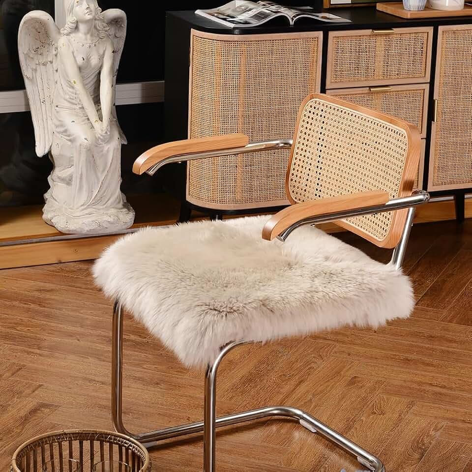 IRIWOOL Square Fur Sheepskin Chair Cover Seat Cushion Pad Super Soft Area Rugs for Living Bedroom Sofa 18" x 18" (Beige, 18" x 18" (Pack of 1))