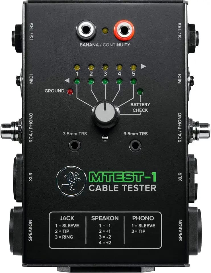Mackie Cable Tester, 5-Way Switch Battery-Powered Connector Test, Black