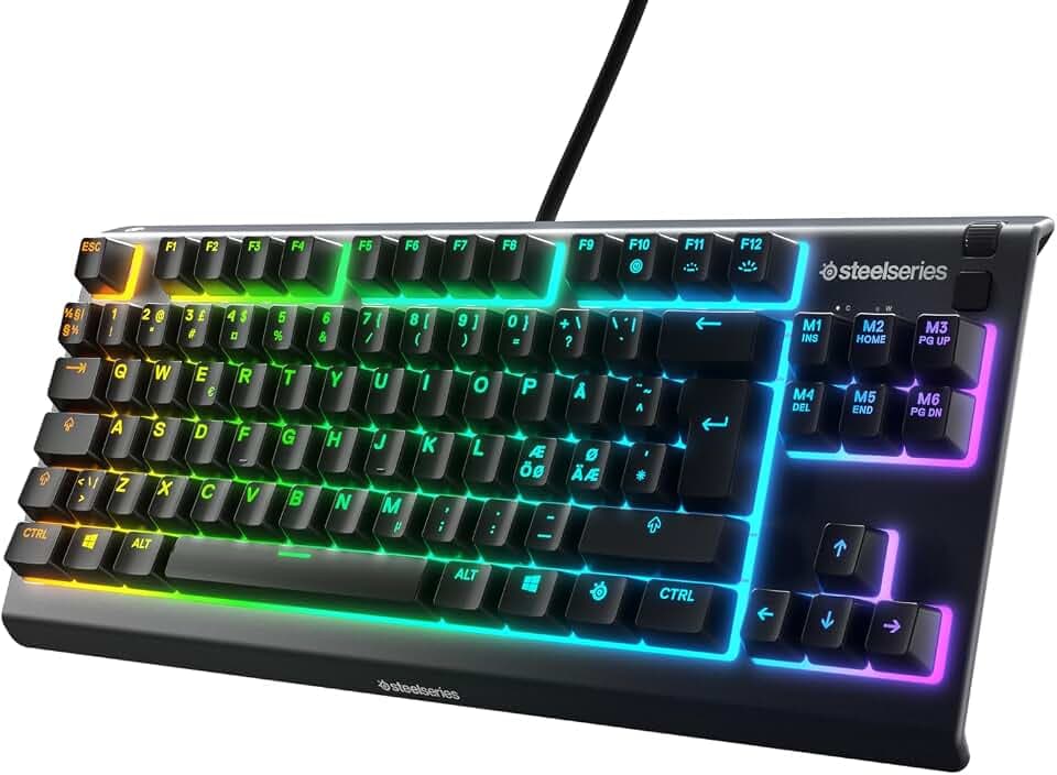 SteelSeries Apex 3 TKL Gaming Tastatur – RGB - Kompakter Tenkeyless-Formfaktor – 8-Zonen-RGB-Beleuchtung – Wasser- und Staubresistenz – Flüsterleise Gaming-Switches - NOR Layout QWERTY - Schwarz